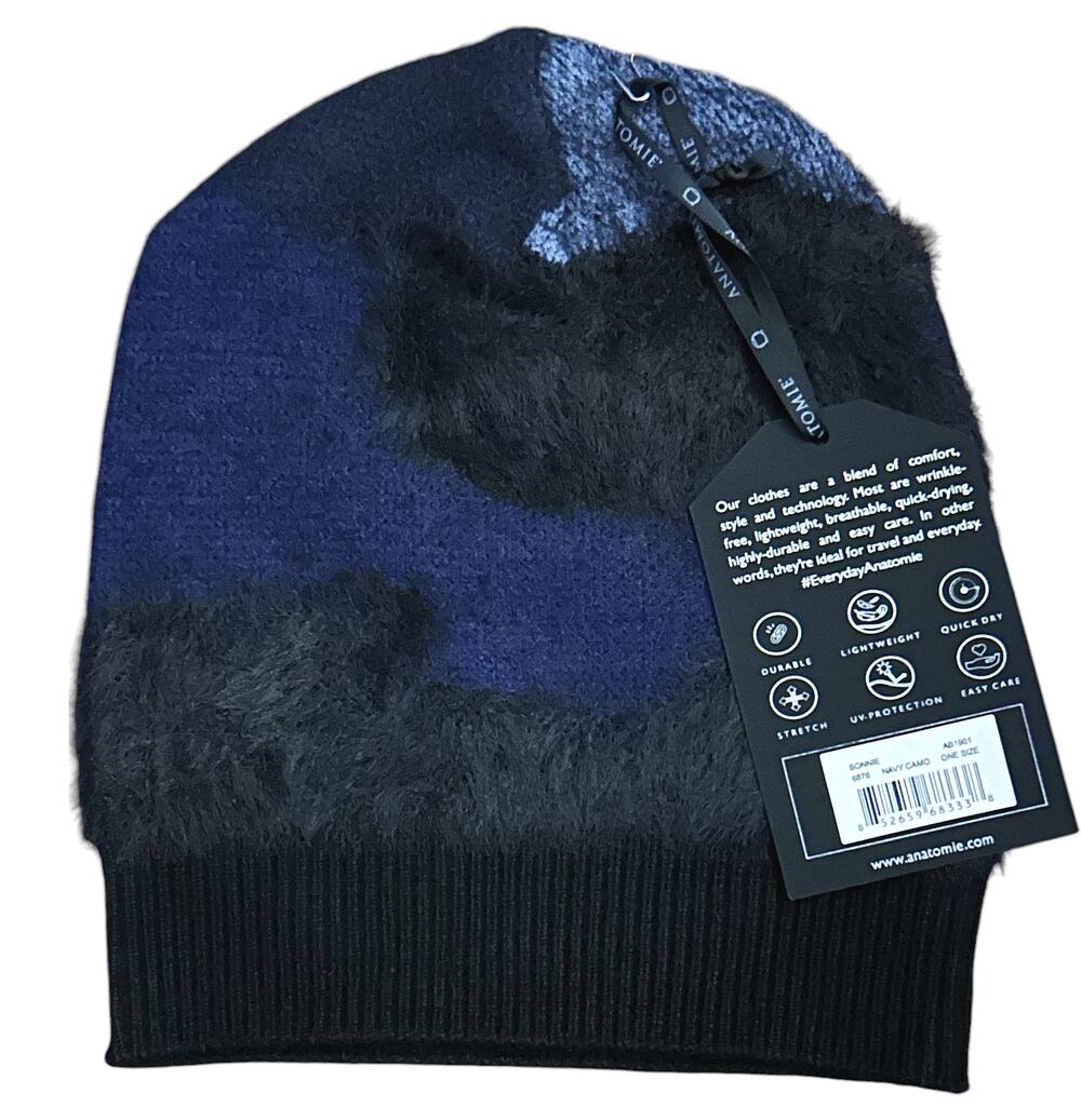 NWT Anatomie Blue & Black Bonnie Beanie in Cozy 3D Print OSFA
